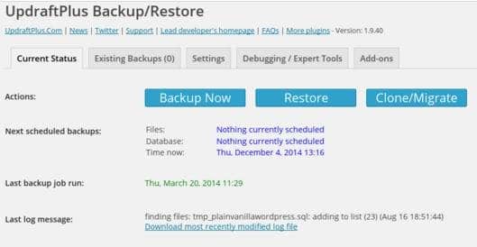 updraft wordpress database backup plugin
