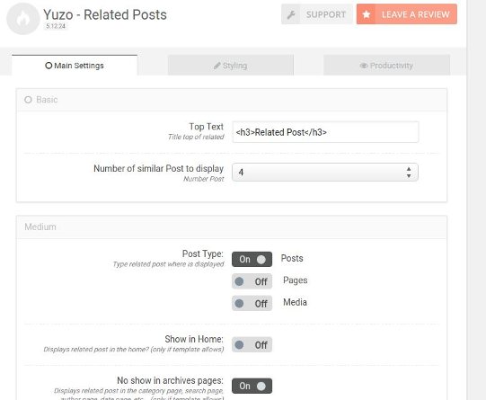 yuzo wordpress related posts plugin main settings