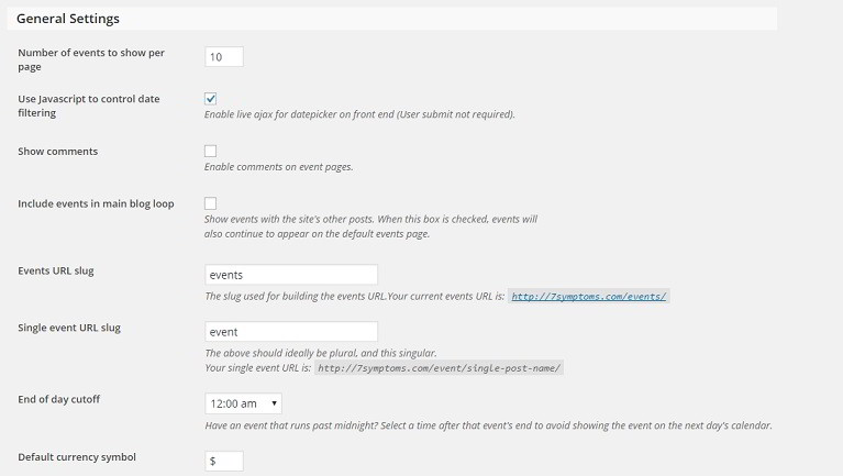 events general settings