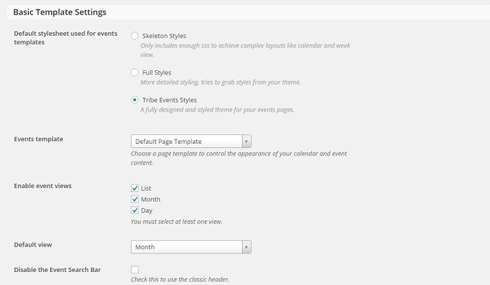 the events calendar display settings